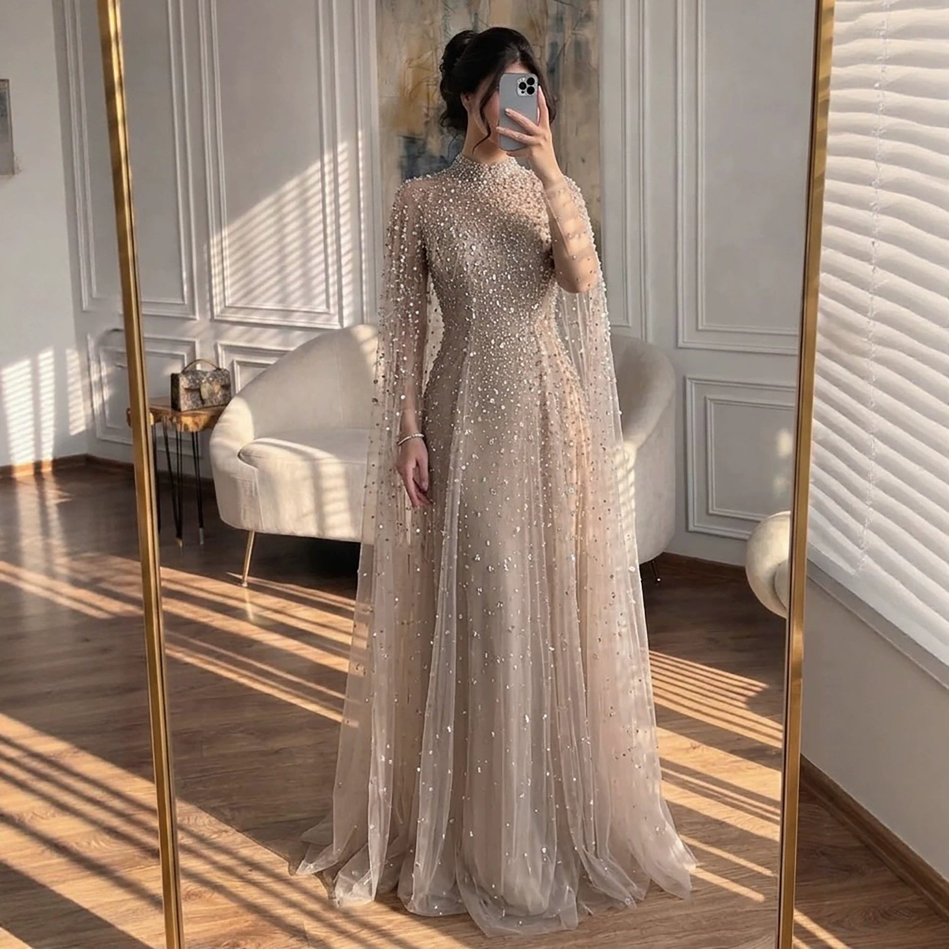 Luxury Caramel Crystal Beaded Cape Sleeves A Line Dress LA73755 SERENE HILL