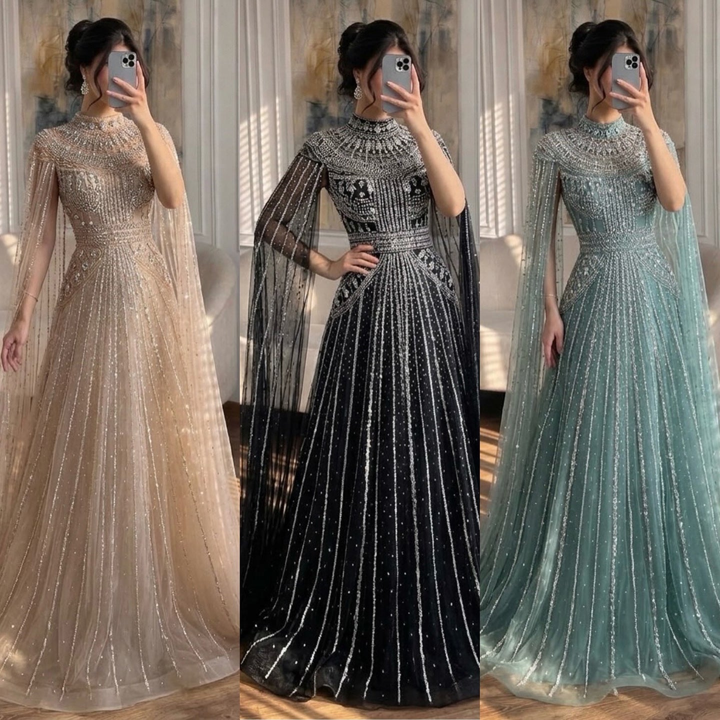 Luxury Caramel Crystal Beaded Cape Sleeves A-Line Dress LA73756 SERENE HILL