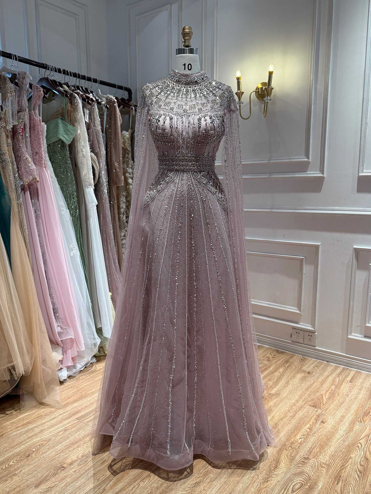 Luxury Caramel Crystal Beaded Cape Sleeves A-Line Dress LA73756 SERENE HILL