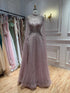 Luxury Caramel Crystal Beaded Cape Sleeves A-Line Dress LA73756 SERENE HILL
