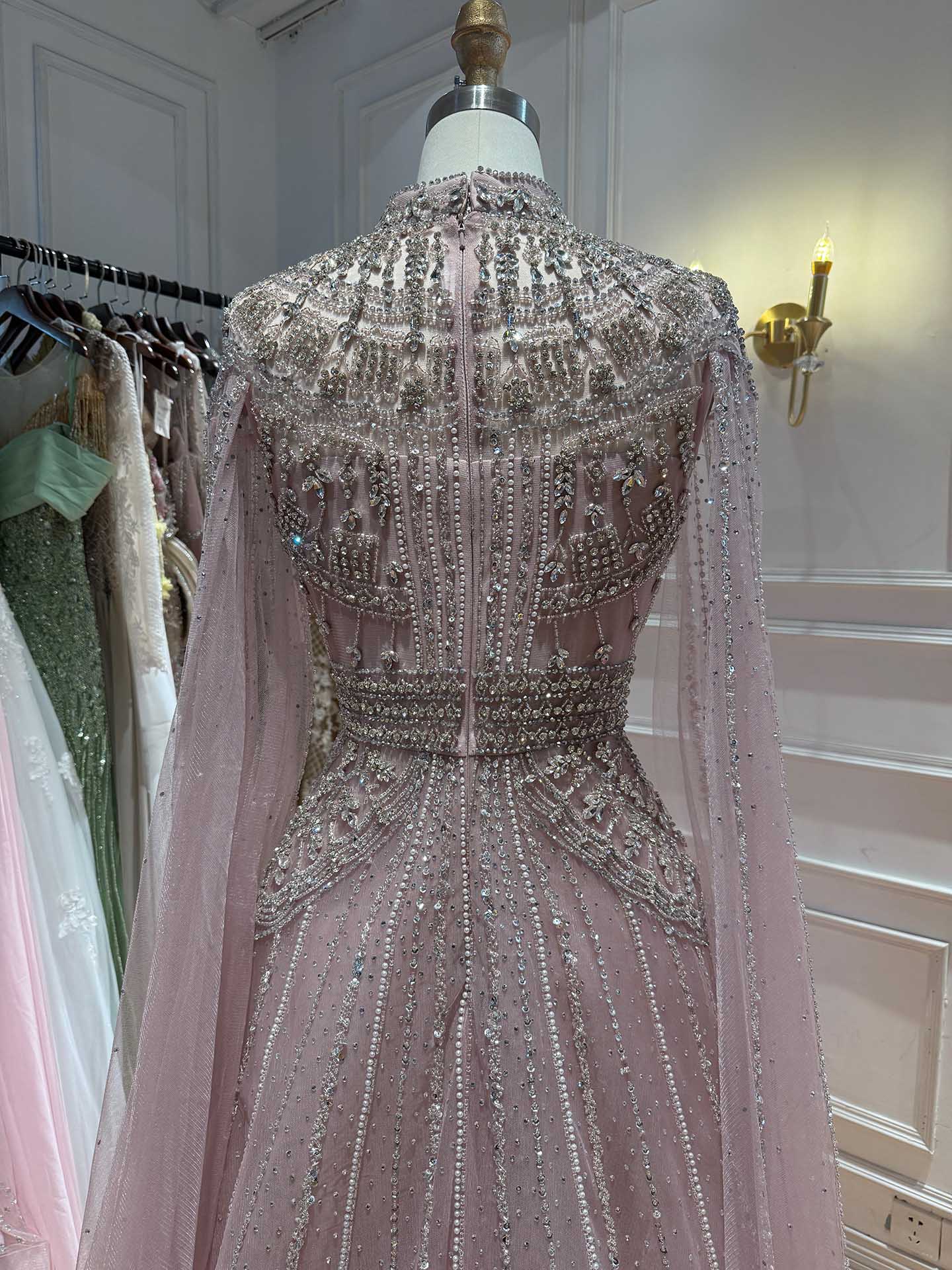 Luxury Caramel Crystal Beaded Cape Sleeves A-Line Dress LA73756 SERENE HILL