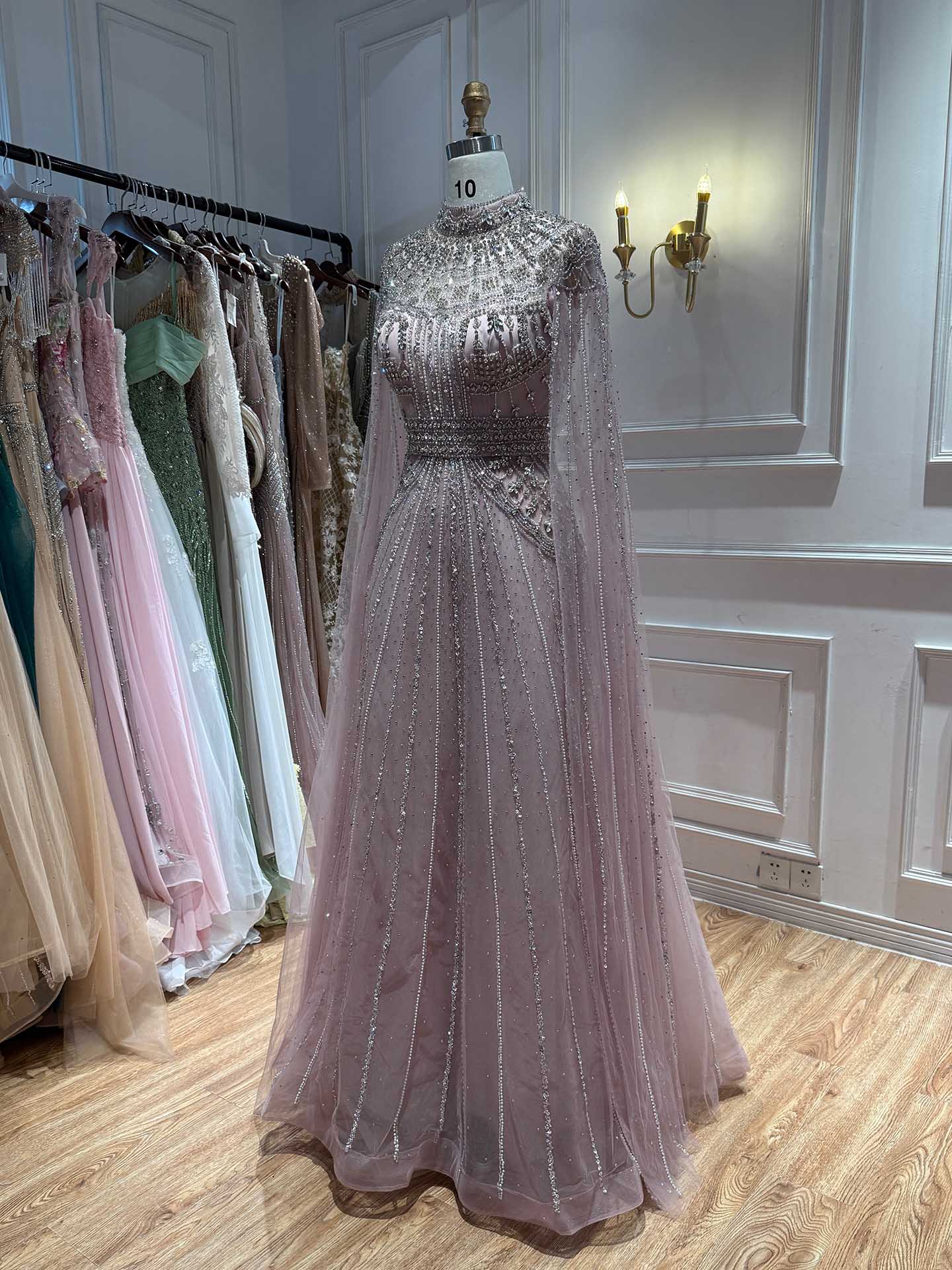 Luxury Caramel Crystal Beaded Cape Sleeves A-Line Dress LA73756 SERENE HILL