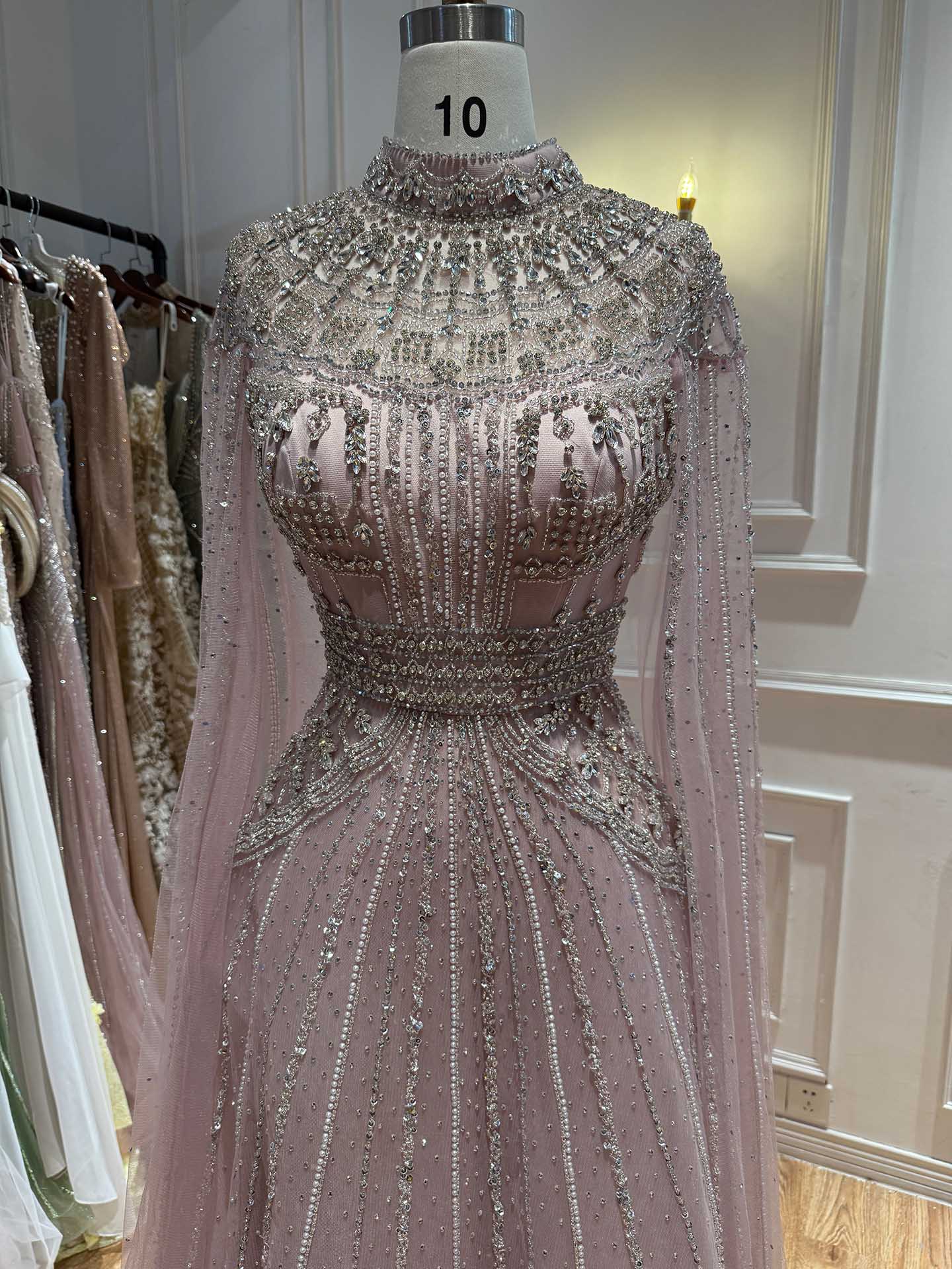Luxury Caramel Crystal Beaded Cape Sleeves A-Line Dress LA73756 SERENE HILL
