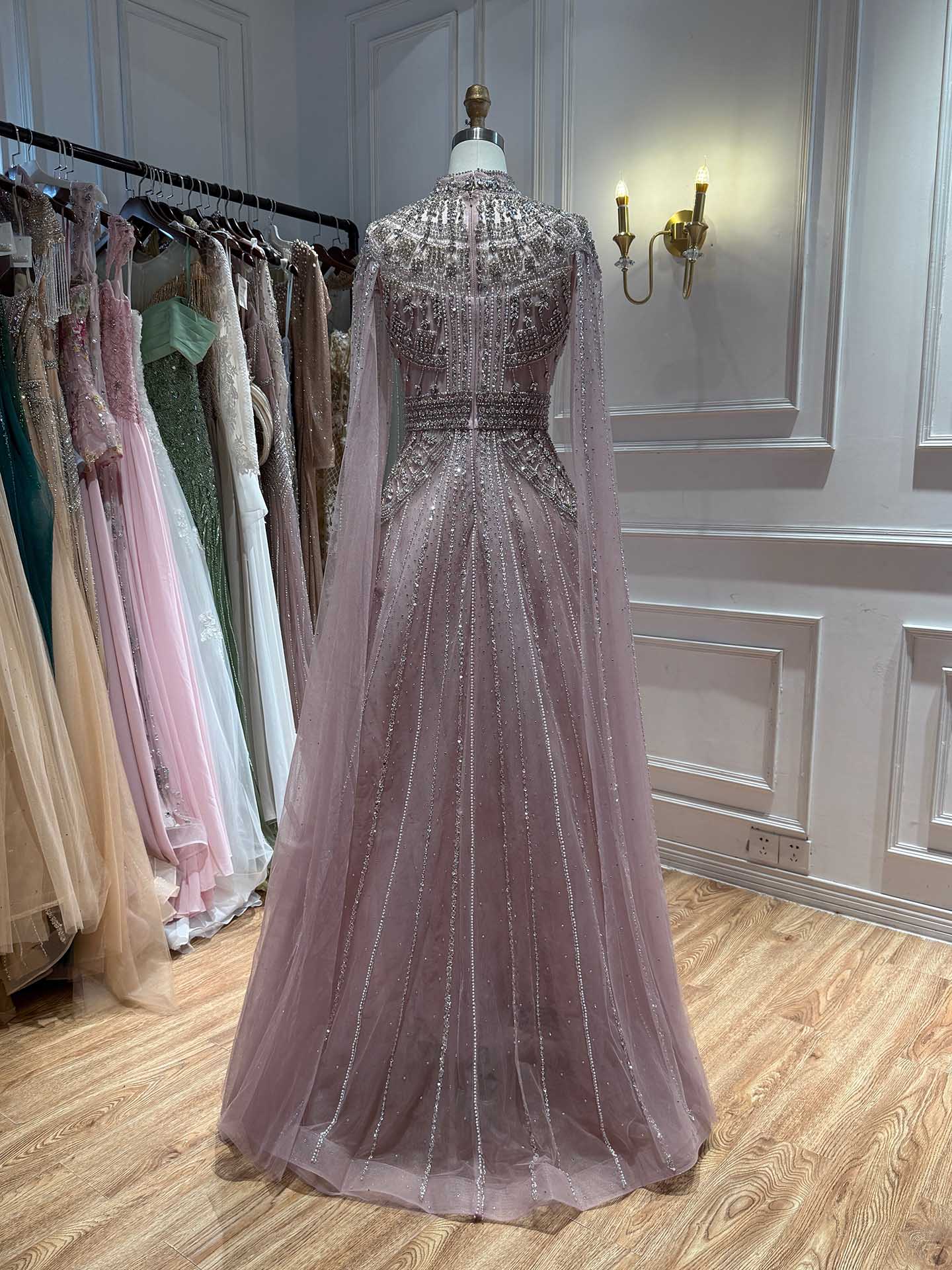 Luxury Caramel Crystal Beaded Cape Sleeves A-Line Dress LA73756 SERENE HILL