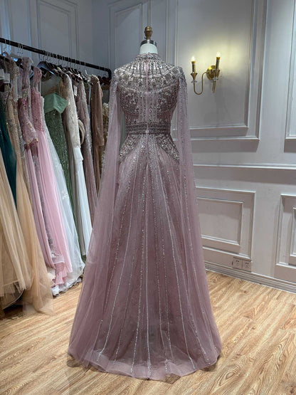 Luxury Caramel Crystal Beaded Cape Sleeves A-Line Dress LA73756 SERENE HILL