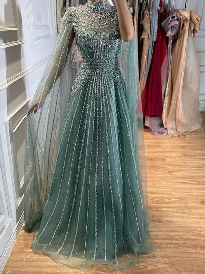 Luxury Caramel Crystal Beaded Cape Sleeves A-Line Dress LA73756 SERENE HILL