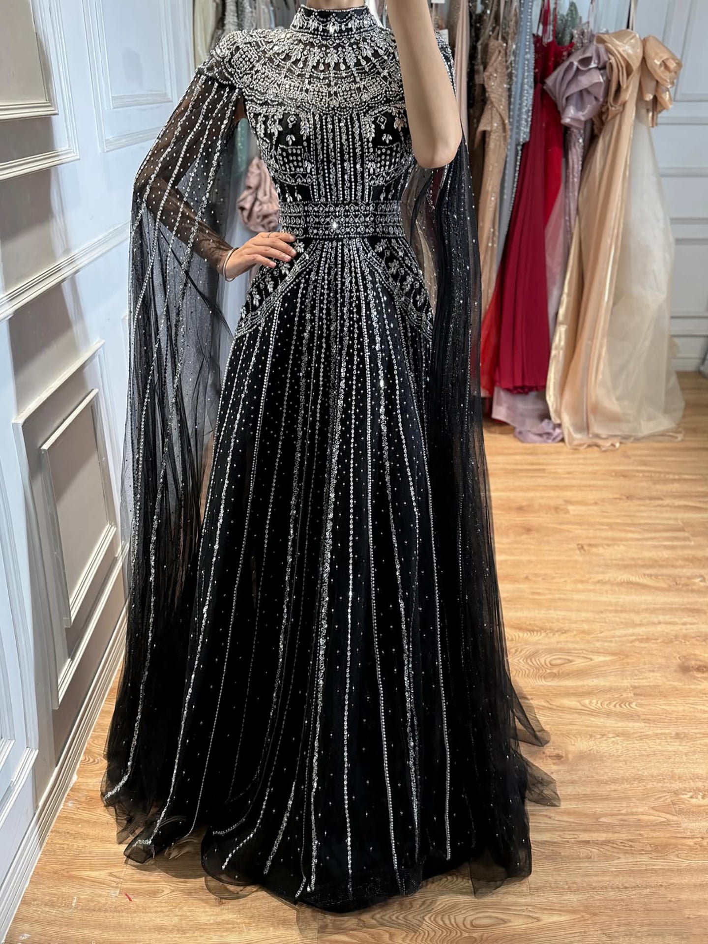 Luxury Caramel Crystal Beaded Cape Sleeves A-Line Dress LA73756 SERENE HILL