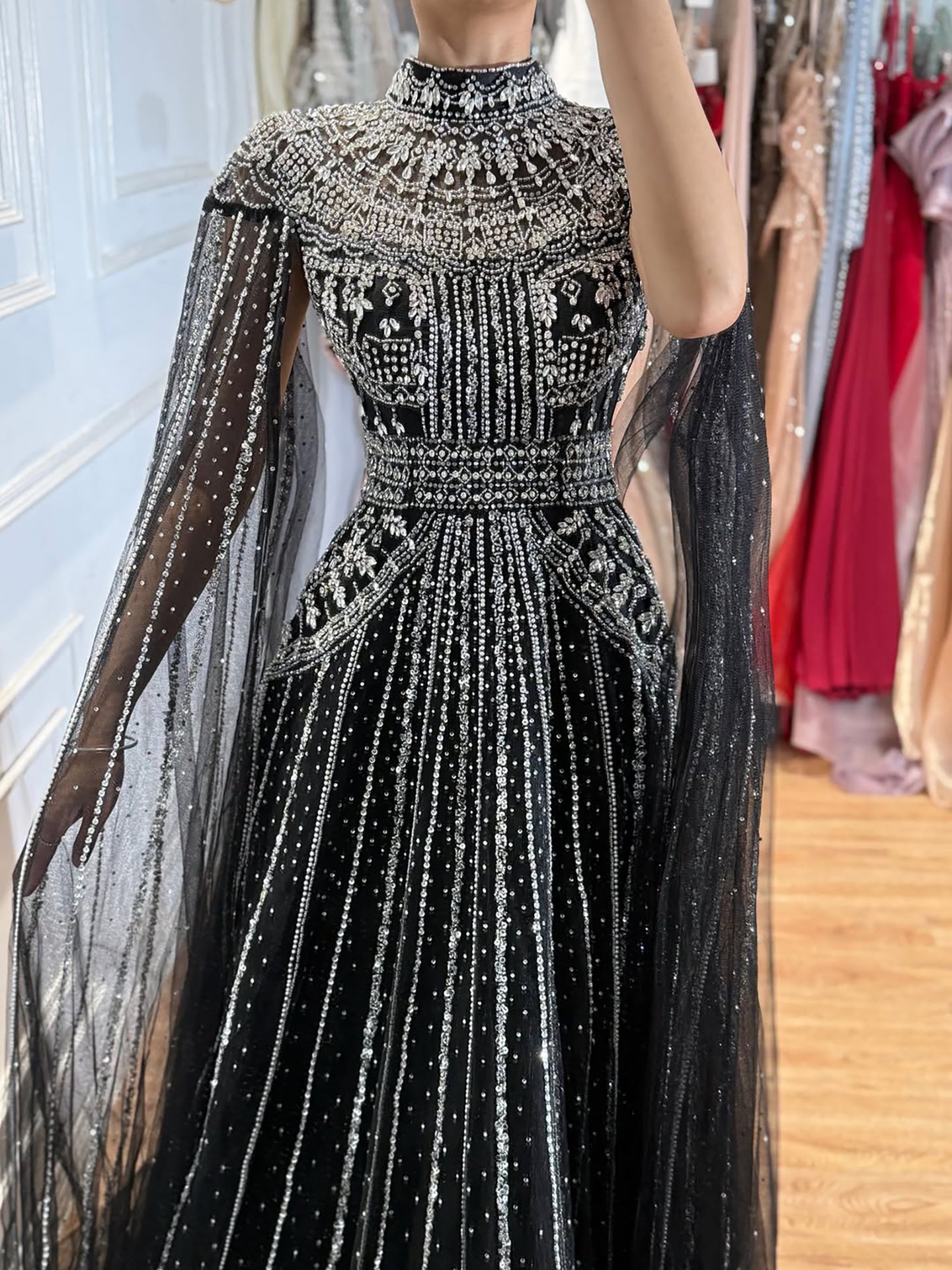 Luxury Caramel Crystal Beaded Cape Sleeves A-Line Dress LA73756 SERENE HILL