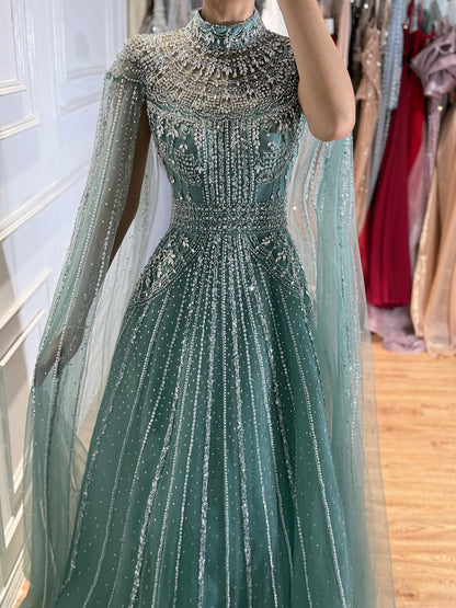 Luxury Caramel Crystal Beaded Cape Sleeves A-Line Dress LA73756 SERENE HILL