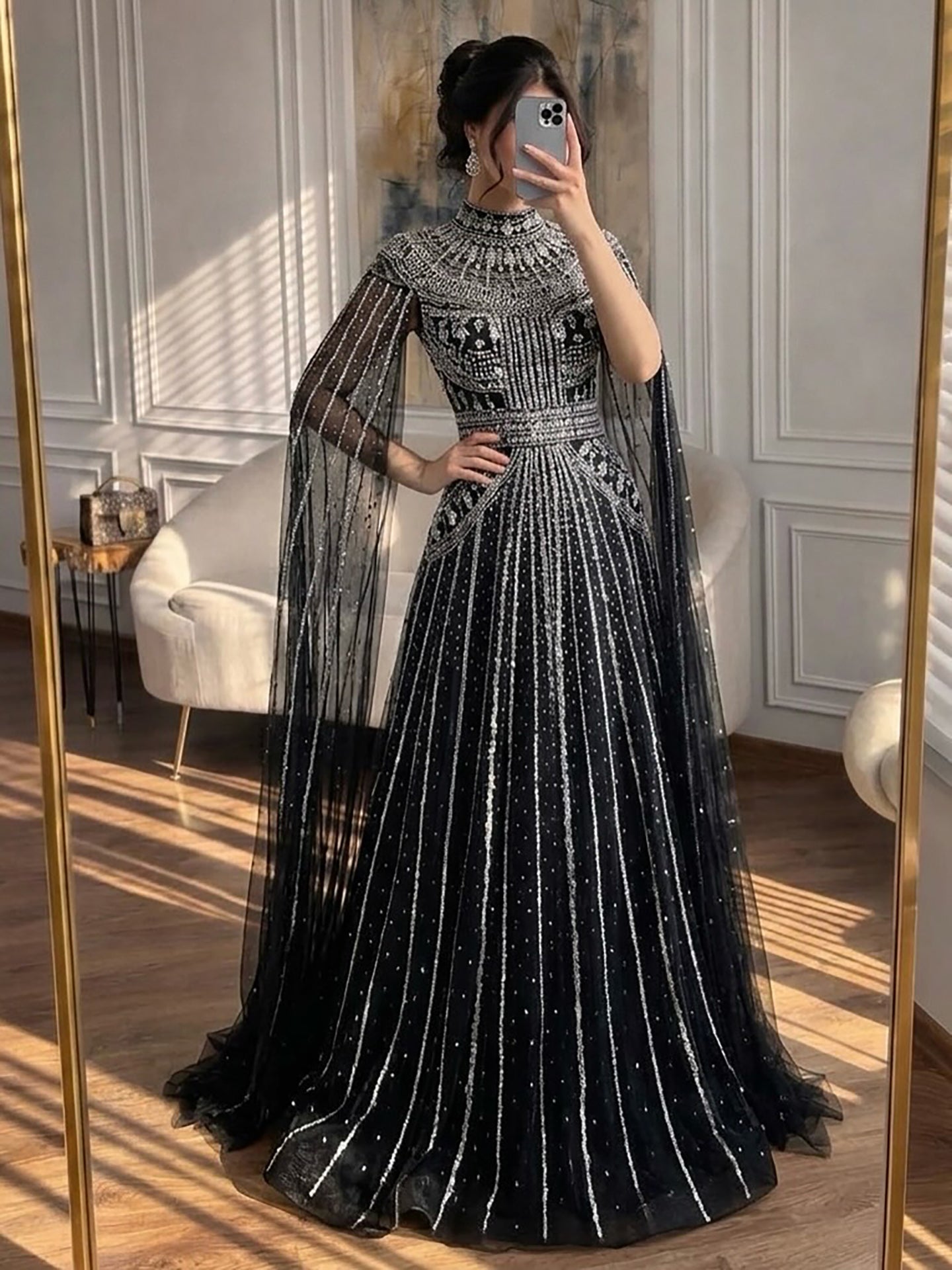 Luxury Caramel Crystal Beaded Cape Sleeves A-Line Dress LA73756 SERENE HILL