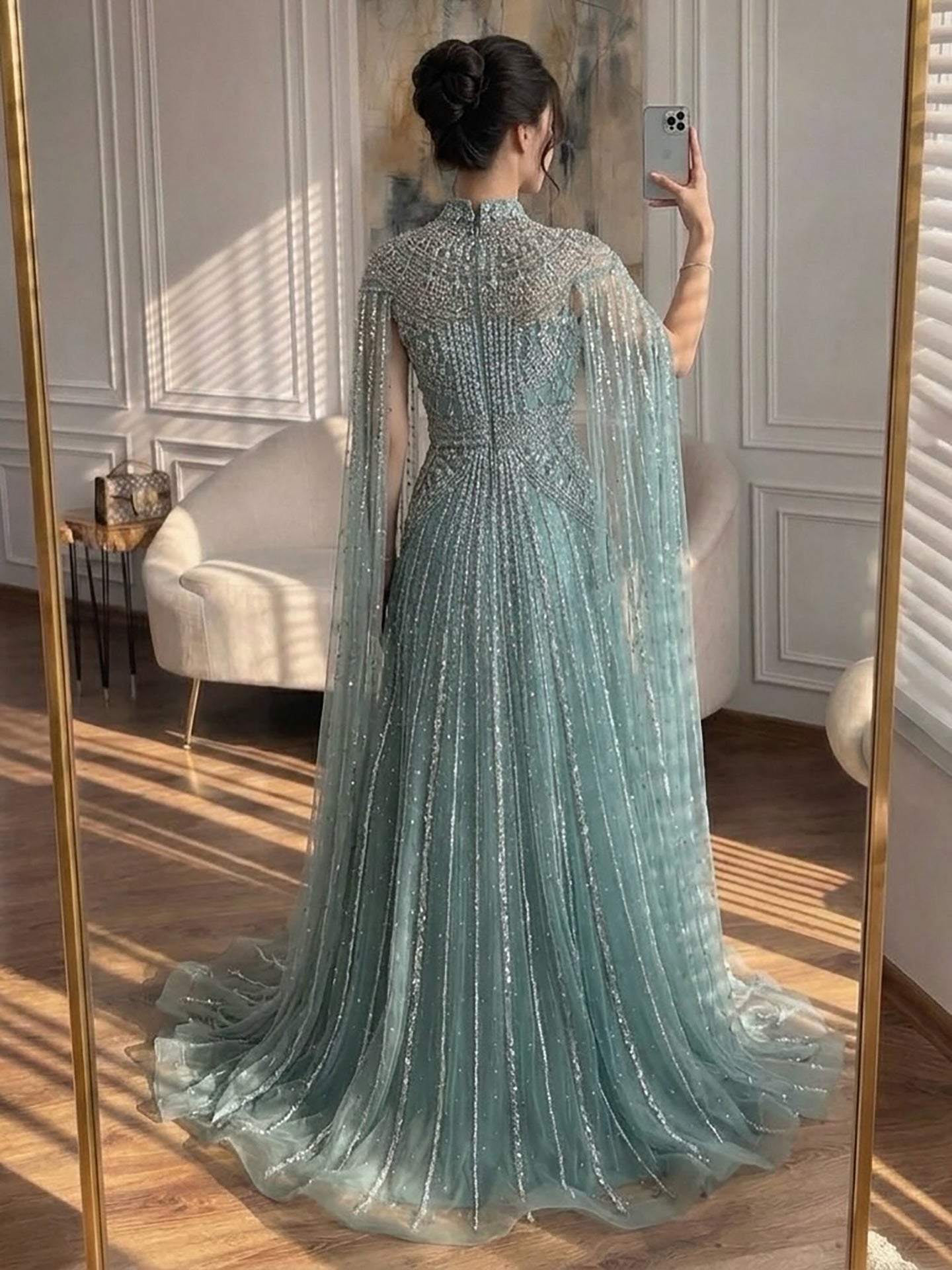 Luxury Caramel Crystal Beaded Cape Sleeves A-Line Dress LA73756 SERENE HILL
