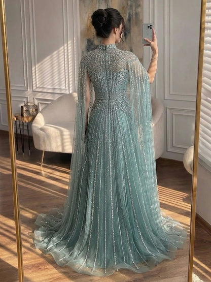 Luxury Caramel Crystal Beaded Cape Sleeves A-Line Dress LA73756 SERENE HILL