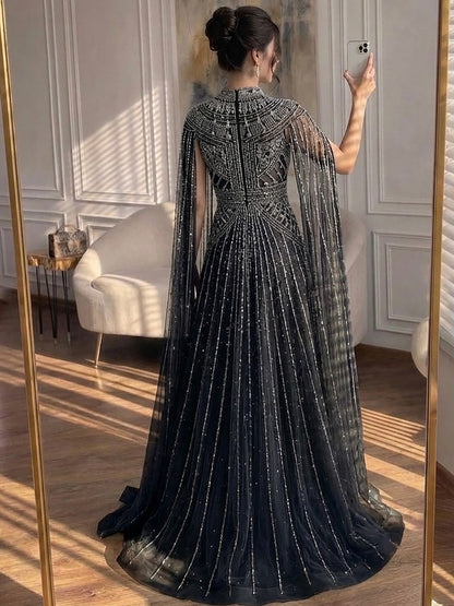 Luxury Caramel Crystal Beaded Cape Sleeves A-Line Dress LA73756 SERENE HILL