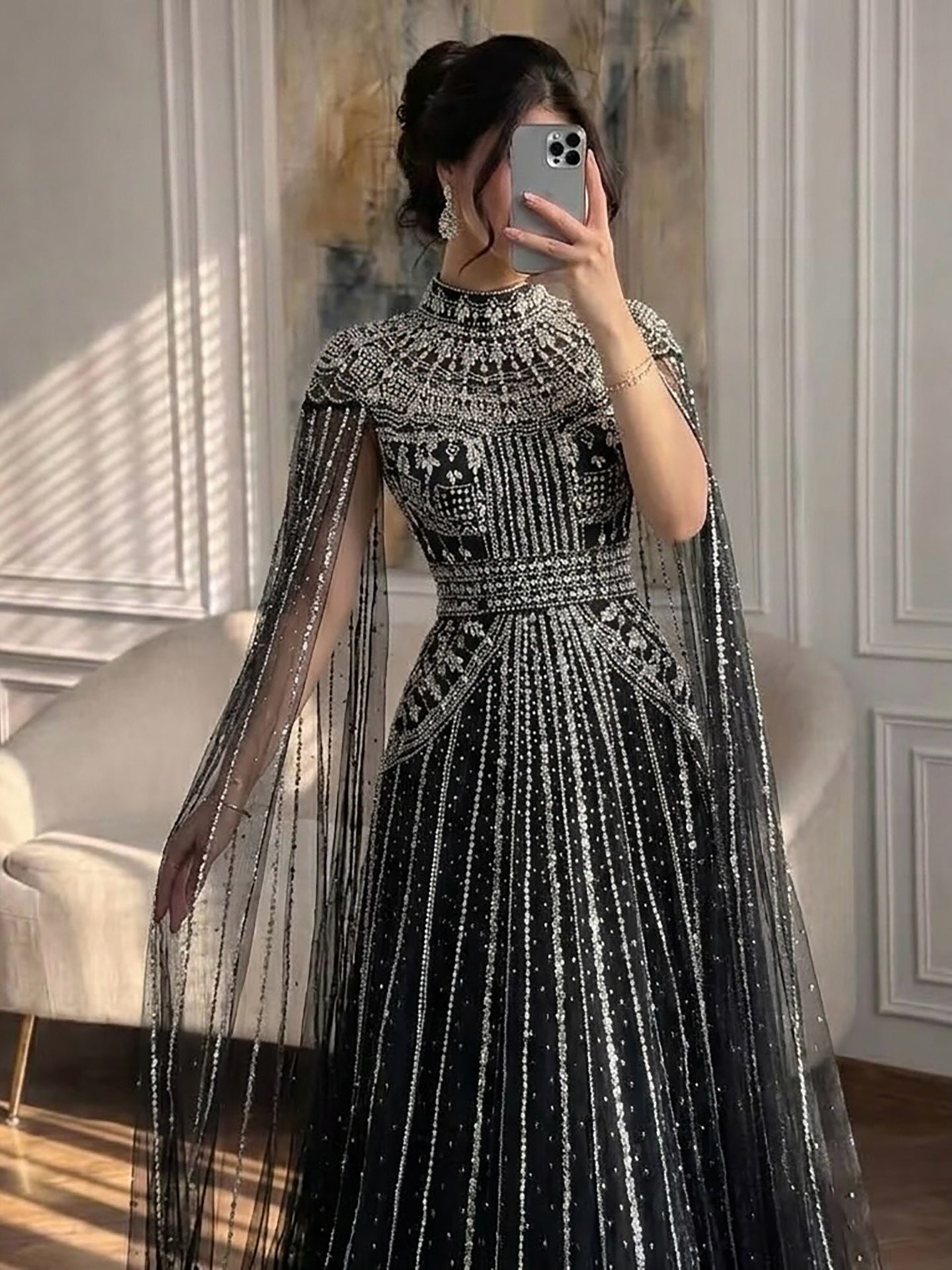 Luxury Caramel Crystal Beaded Cape Sleeves A-Line Dress LA73756 SERENE HILL