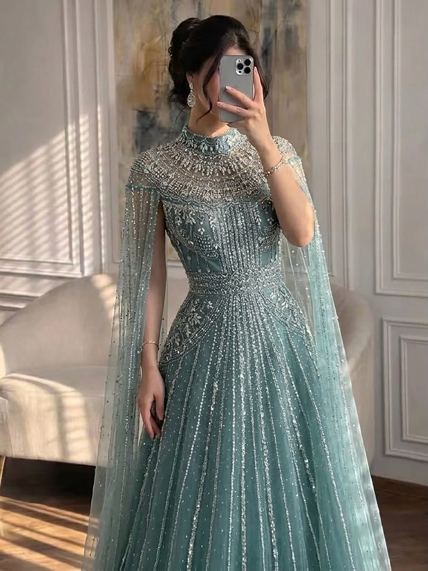 Luxury Caramel Crystal Beaded Cape Sleeves A-Line Dress LA73756 SERENE HILL