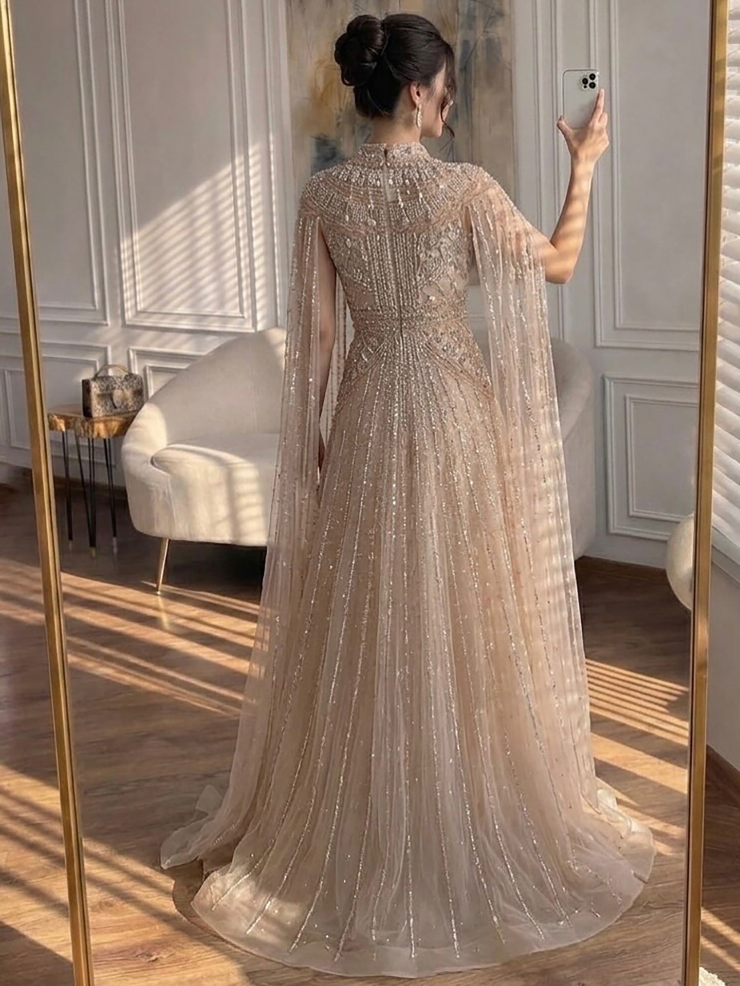 Luxury Caramel Crystal Beaded Cape Sleeves A-Line Dress LA73756 SERENE HILL