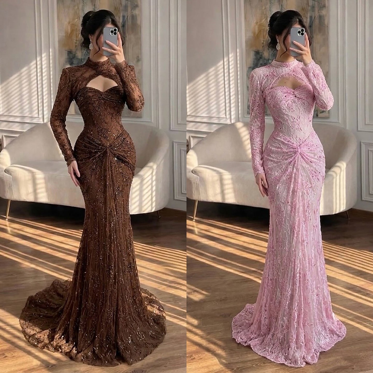 Luxury Pink Lace Long Sleeve High Neck Mermaid Evening Dress LA73757 SERENE HILL