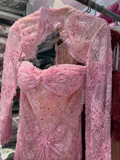 Luxury Pink Lace Long Sleeve High Neck Mermaid Evening Dress LA73757 SERENE HILL