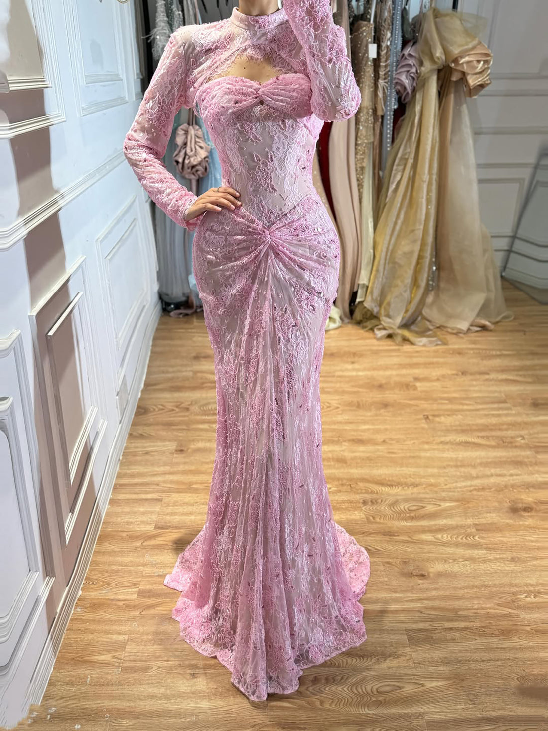 Luxury Pink Lace Long Sleeve High Neck Mermaid Evening Dress LA73757 SERENE HILL