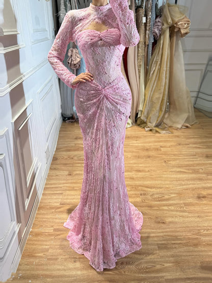 Luxury Pink Lace Long Sleeve High Neck Mermaid Evening Dress LA73757 SERENE HILL
