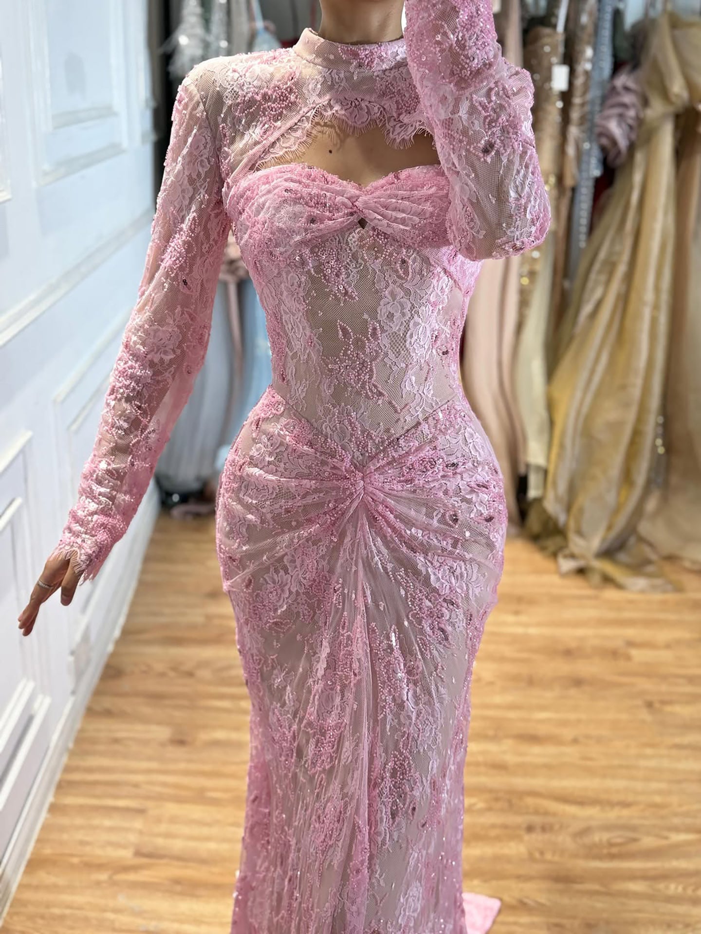 Luxury Pink Lace Long Sleeve High Neck Mermaid Evening Dress LA73757 SERENE HILL