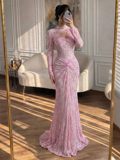 Luxury Pink Lace Long Sleeve High Neck Mermaid Evening Dress LA73757 SERENE HILL