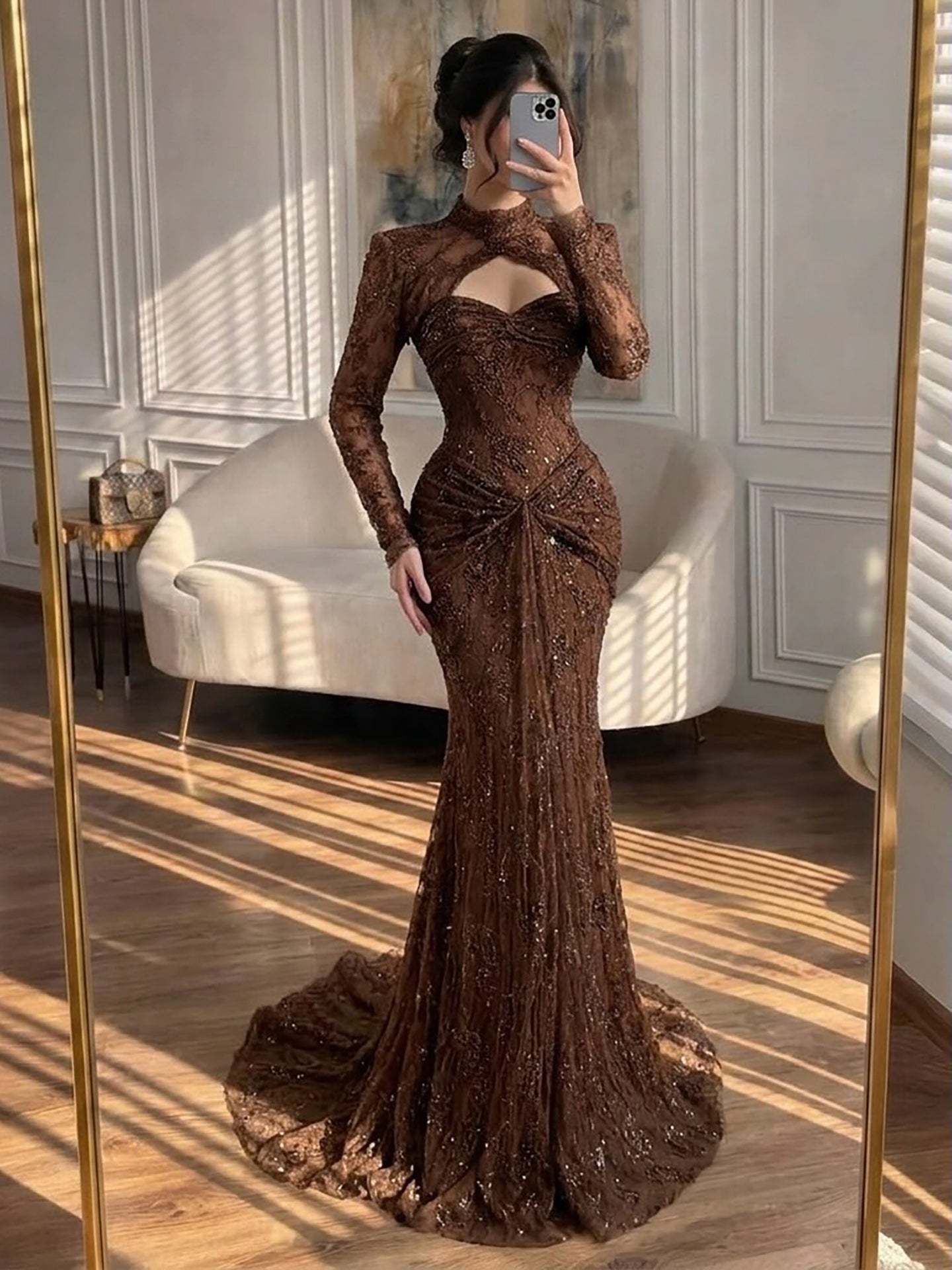 Luxury Pink Lace Long Sleeve High Neck Mermaid Evening Dress LA73757 SERENE HILL