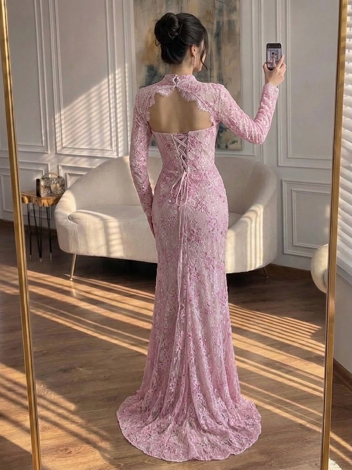Luxury Pink Lace Long Sleeve High Neck Mermaid Evening Dress LA73757 Pink / 16
