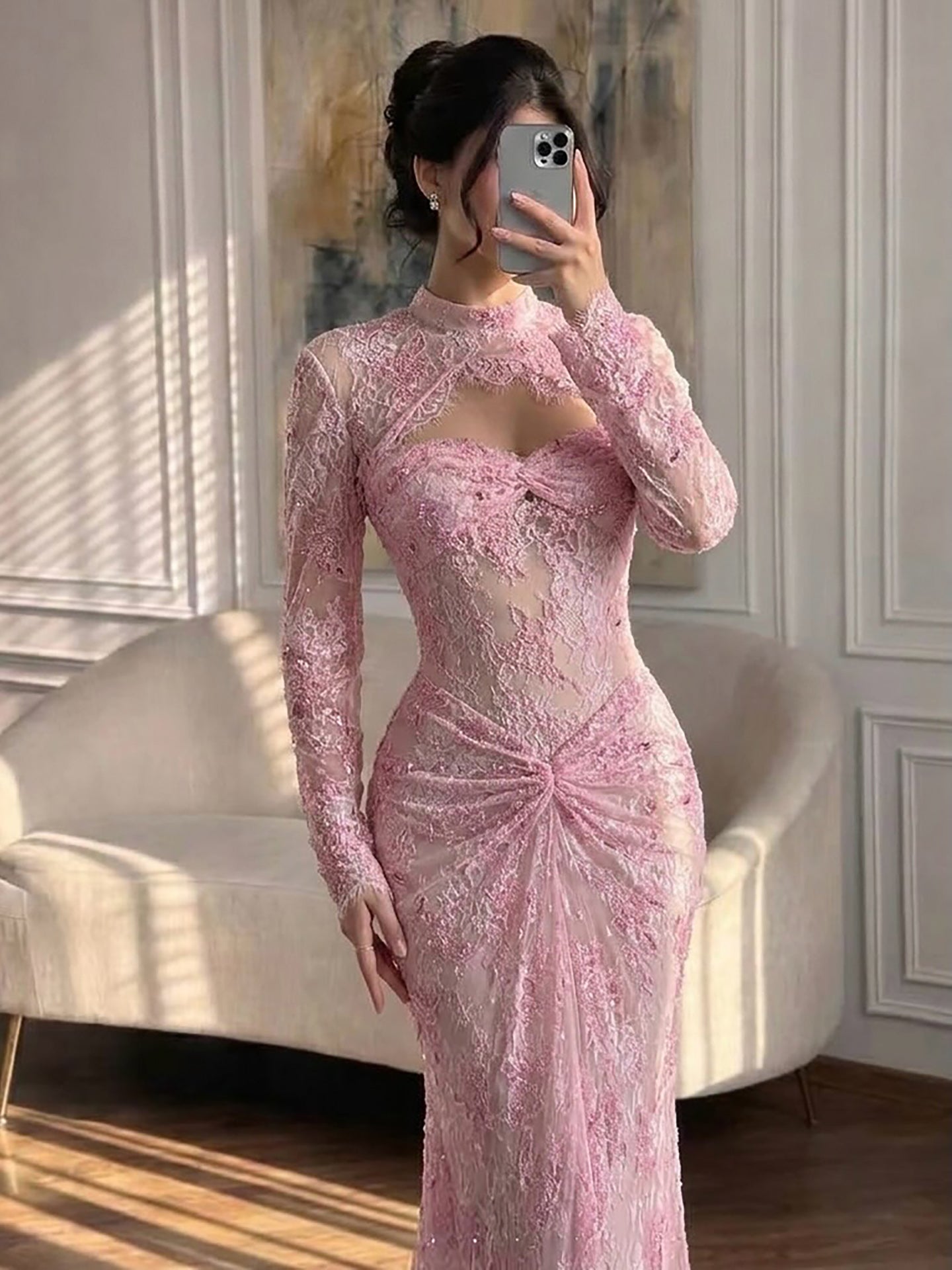 Luxury Pink Lace Long Sleeve High Neck Mermaid Evening Dress LA73757 SERENE HILL