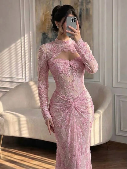Luxury Pink Lace Long Sleeve High Neck Mermaid Evening Dress LA73757 SERENE HILL