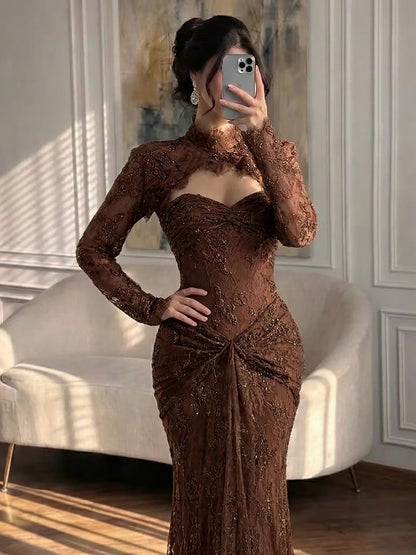 Luxury Pink Lace Long Sleeve High Neck Mermaid Evening Dress LA73757 SERENE HILL