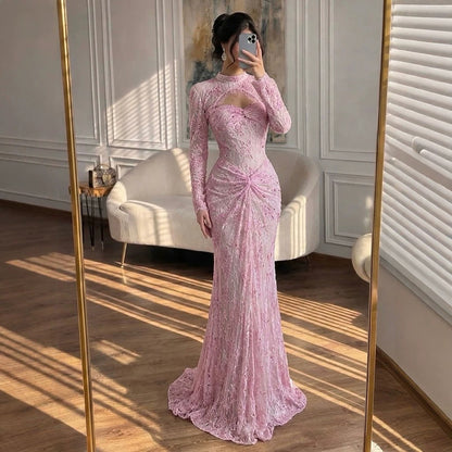 Luxury Pink Lace Long Sleeve High Neck Mermaid Evening Dress LA73757 SERENE HILL