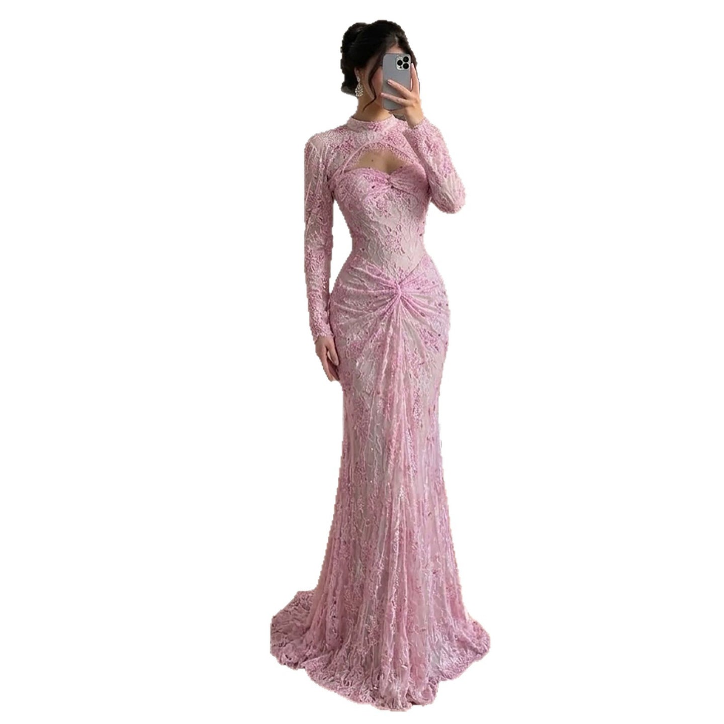 Luxury Pink Lace Long Sleeve High Neck Mermaid Evening Dress LA73757 SERENE HILL