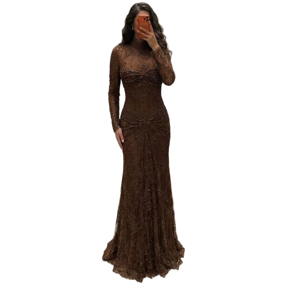 Brown High Neck Long Sleeve Beaded Lace Mermaid Evening Dress LA73757A