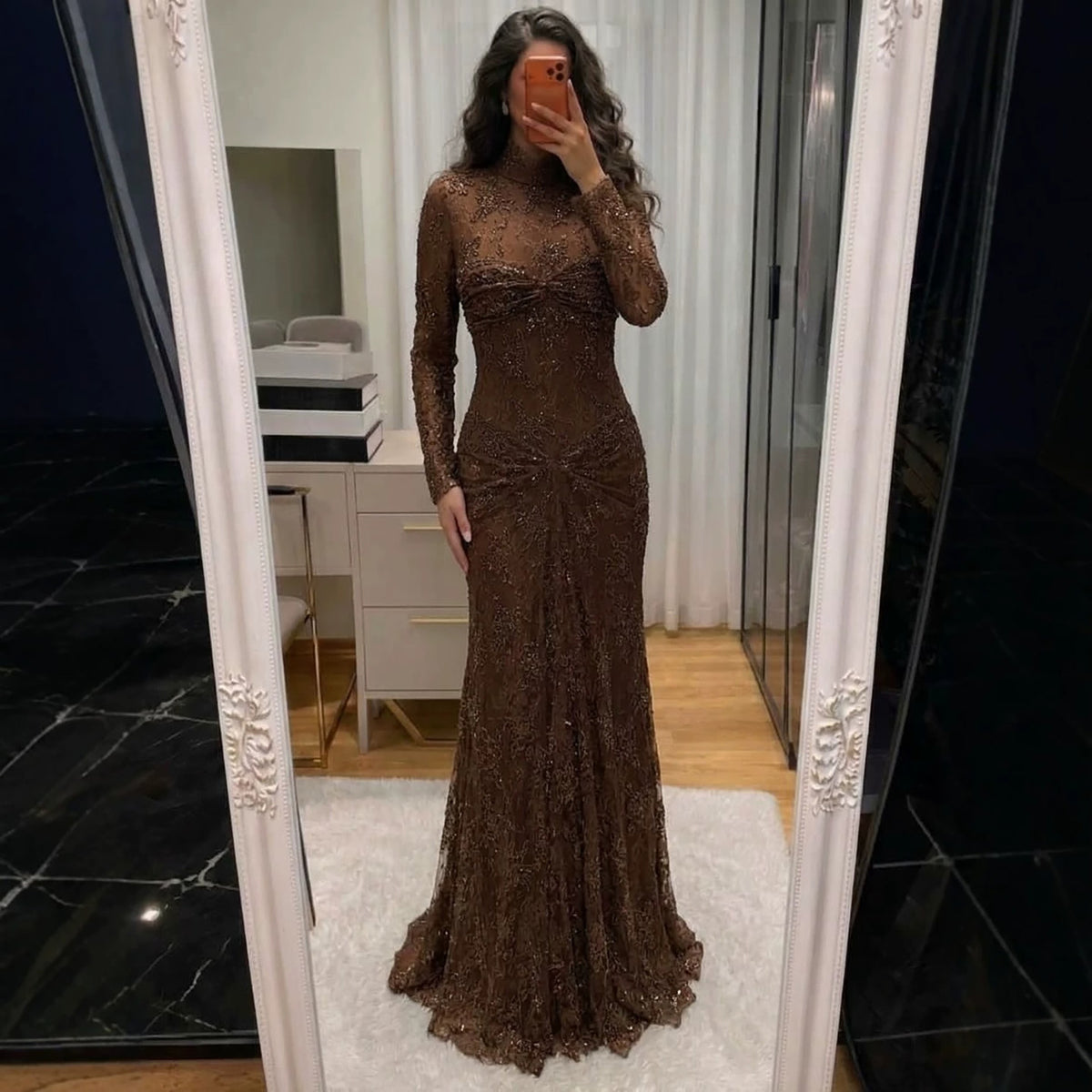 Brown High Neck Long Sleeve Beaded Lace Mermaid Evening Dress LA73757A