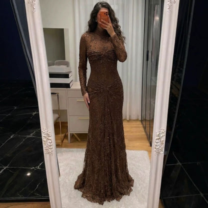 Brown High Neck Long Sleeve Beaded Lace Mermaid Evening Dress LA73757A