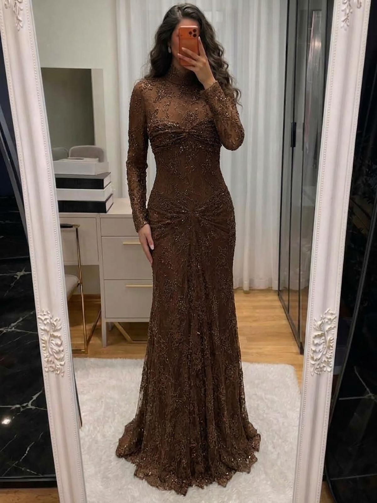 Brown High Neck Long Sleeve Beaded Lace Mermaid Evening Dress LA73757A