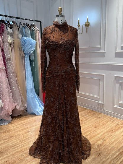 Brown High Neck Long Sleeve Beaded Lace Mermaid Evening Dress LA73757A