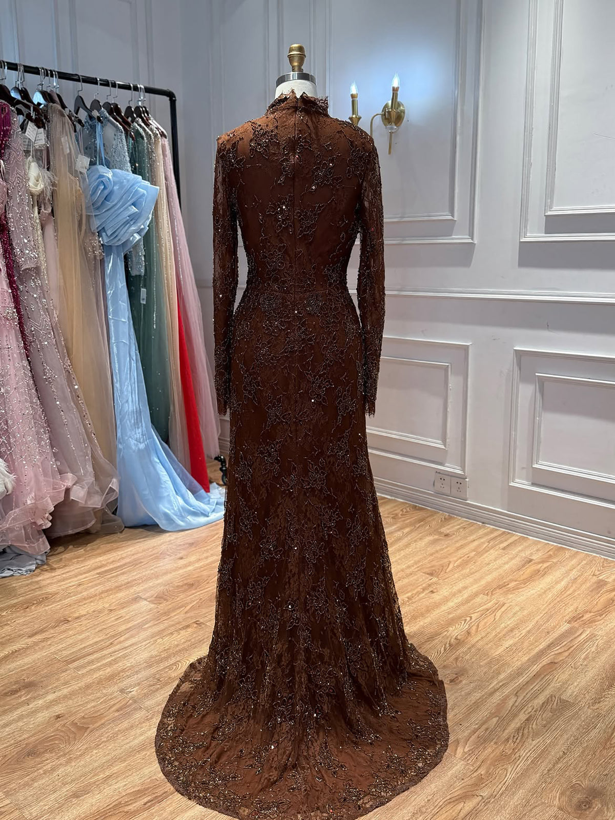 Brown High Neck Long Sleeve Beaded Lace Mermaid Evening Dress LA73757A
