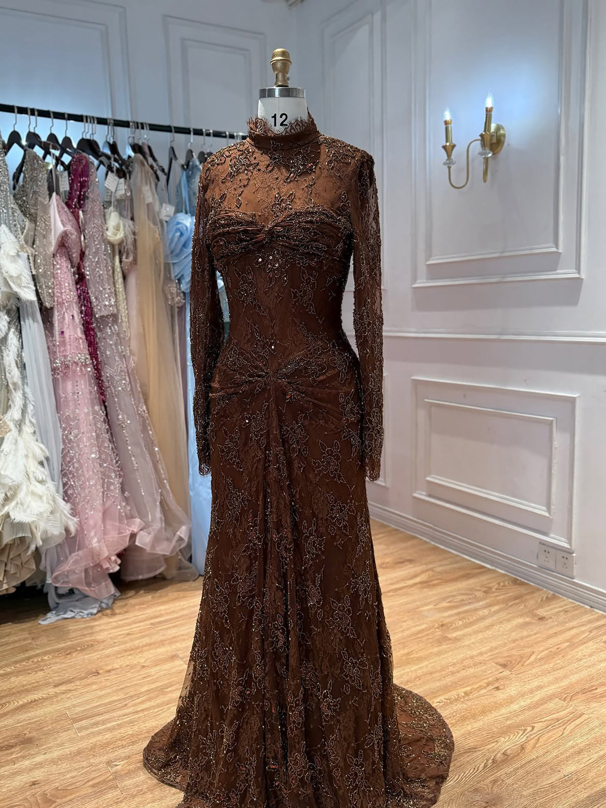Brown High Neck Long Sleeve Beaded Lace Mermaid Evening Dress LA73757A