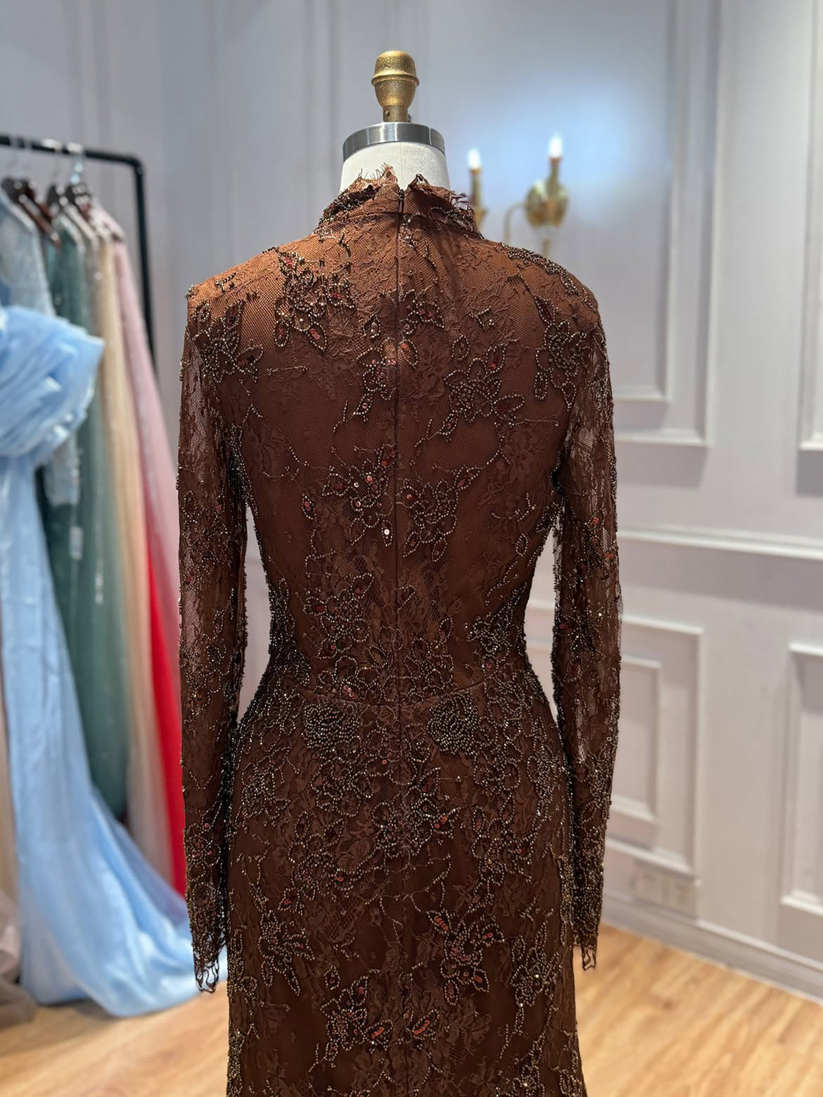Brown High Neck Long Sleeve Beaded Lace Mermaid Evening Dress LA73757A