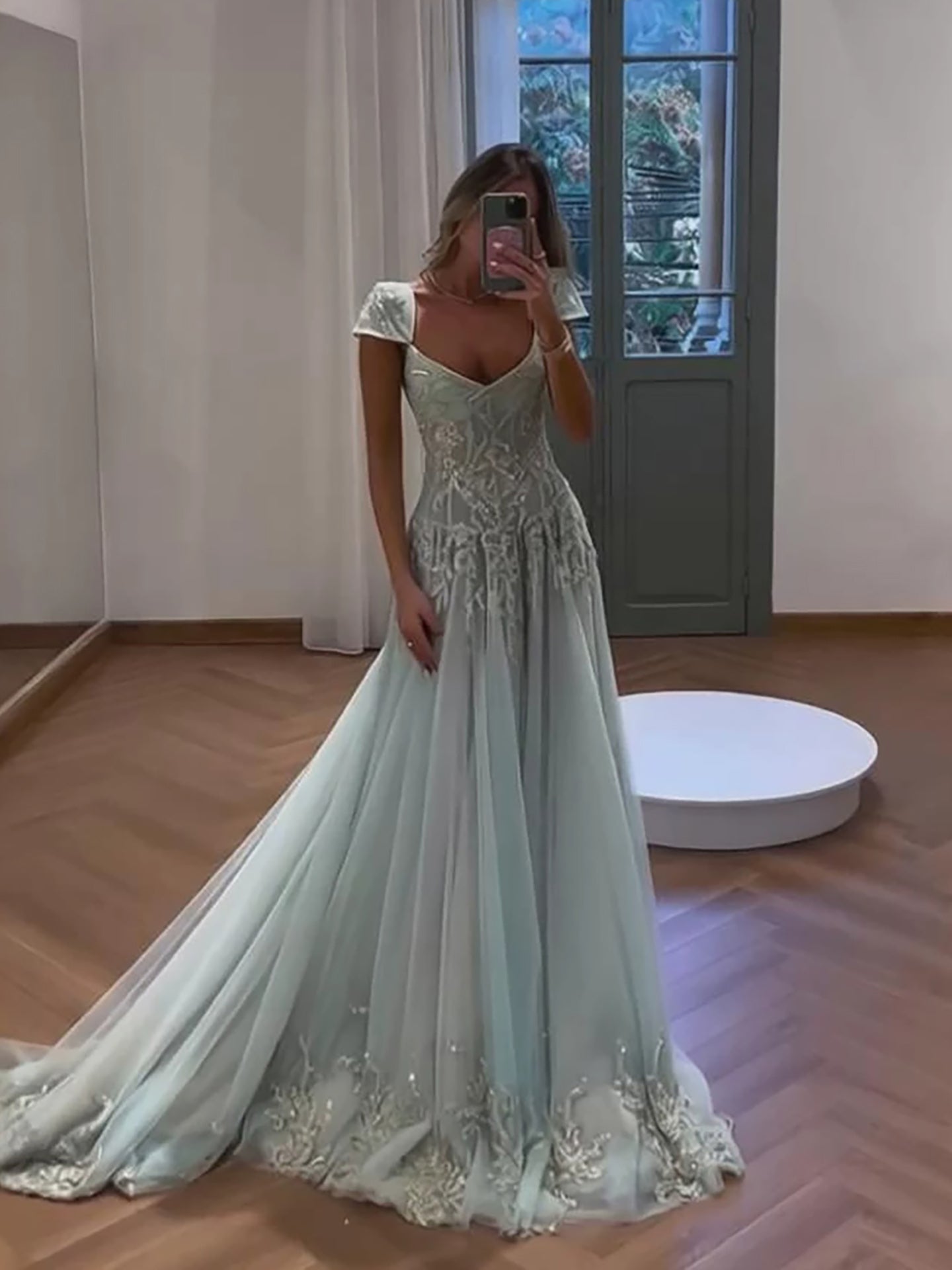 Luxury Sage Green Beaded Lace Cap Sleeves A Line Dress LA73759 SERENE HILL