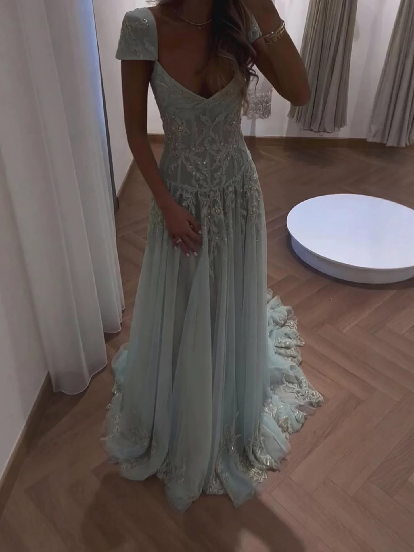 Luxury Sage Green Beaded Lace Cap Sleeves A Line Dress LA73759 SERENE HILL