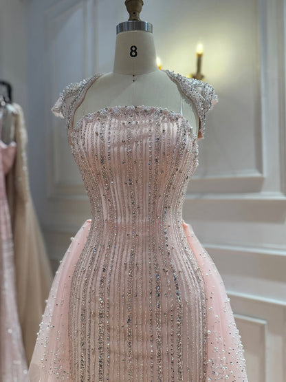 Luxury Pink Beaded Cap Sleeves Mermaid Evening Dress LA73760