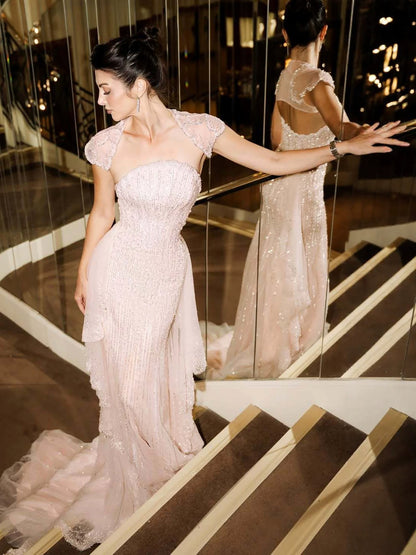 Luxury Pink Beaded Cap Sleeves Mermaid Evening Dress LA73760 SERENE HILL