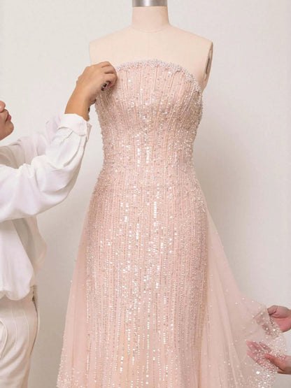 Luxury Pink Beaded Cap Sleeves Mermaid Evening Dress LA73760 SERENE HILL