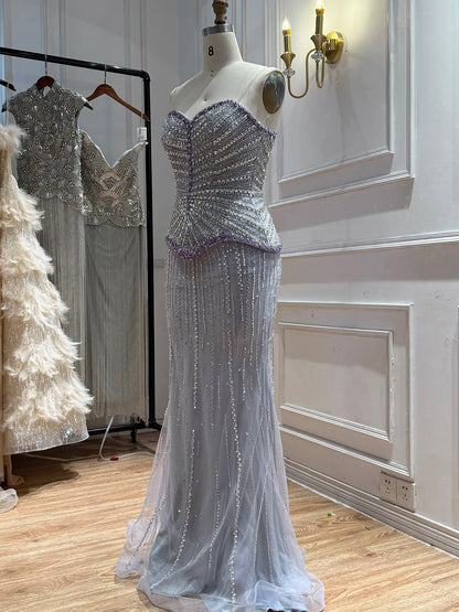 Luxury Lilac Beaded Strapless Mermaid Evening Dress LA73761