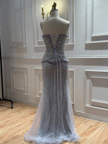 Luxury Lilac Beaded Strapless Mermaid Evening Dress LA73761