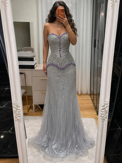 Luxury Lilac Beaded Strapless Mermaid Evening Dress LA73761