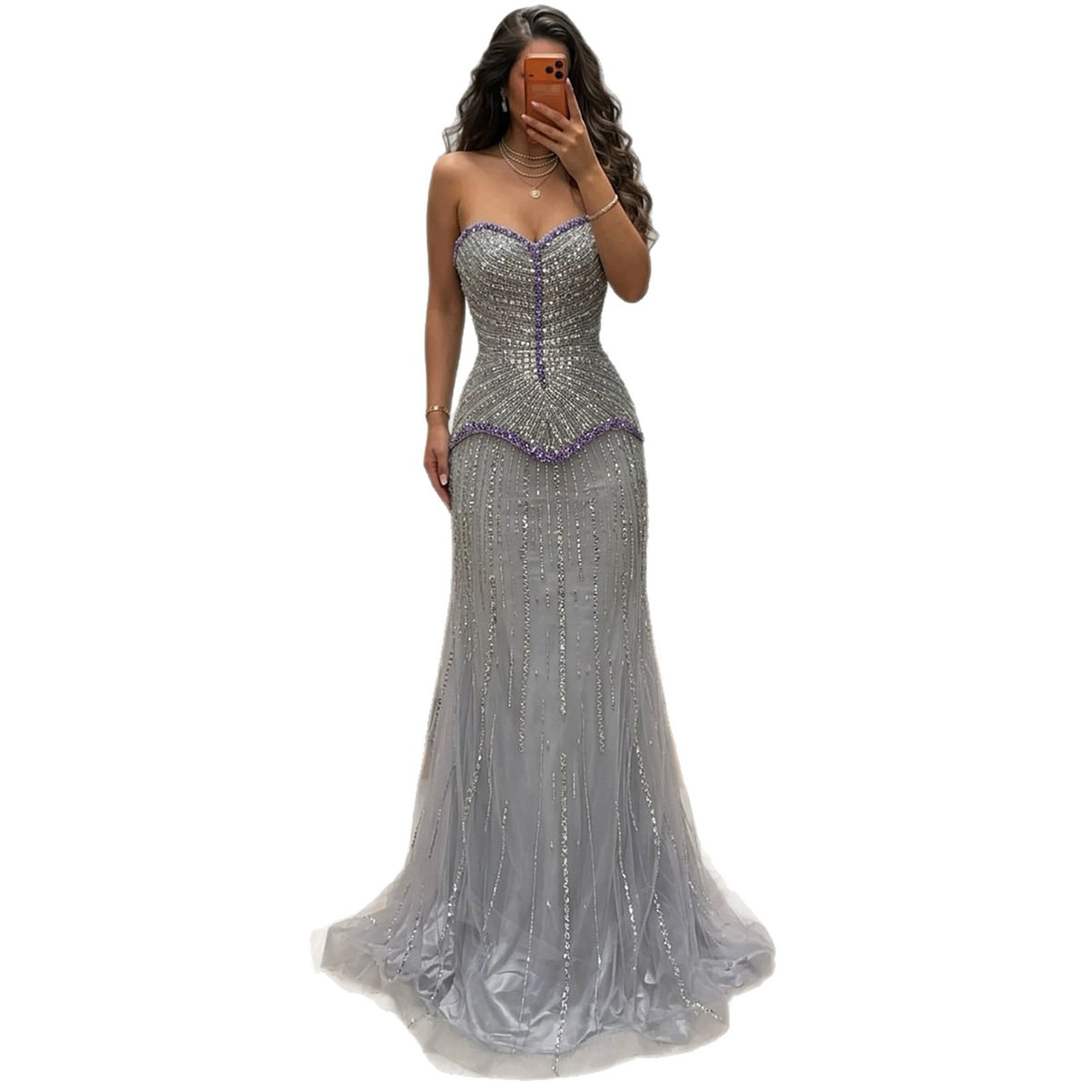 Luxury Lilac Beaded Strapless Mermaid Evening Dress LA73761